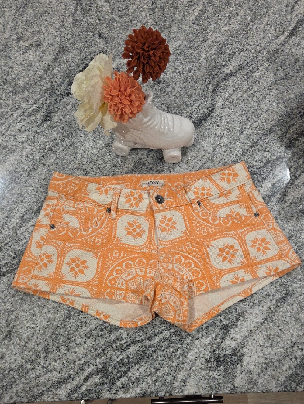 Roxy Orange and Cream Floral Tile Jean Shorts